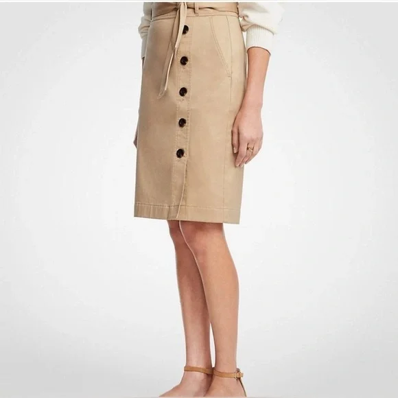 Ann Taylor Tan Khaki Cotton Sateen Pencil Skirt Button Detail & Belt Size 12 - Picture 13 of 13